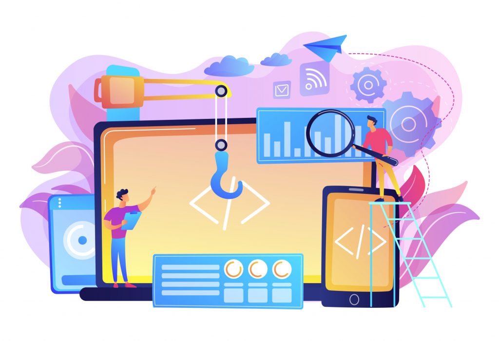Engineer and developer with laptop and tablet code. Cross-platform development, cross-platform operating systems and software environments concept. Bright vibrant violet vector isolated illustration